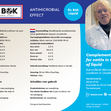 Easy Farming Dr Bok Liquid supplement for livestock, showing a clear liquid in a feeding container.